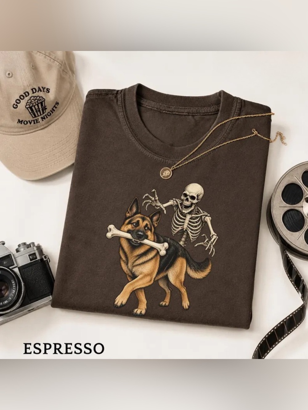 Comfort Espresso German Shepherd & Skeleton Dog Graphic Tee - Halloween Gift